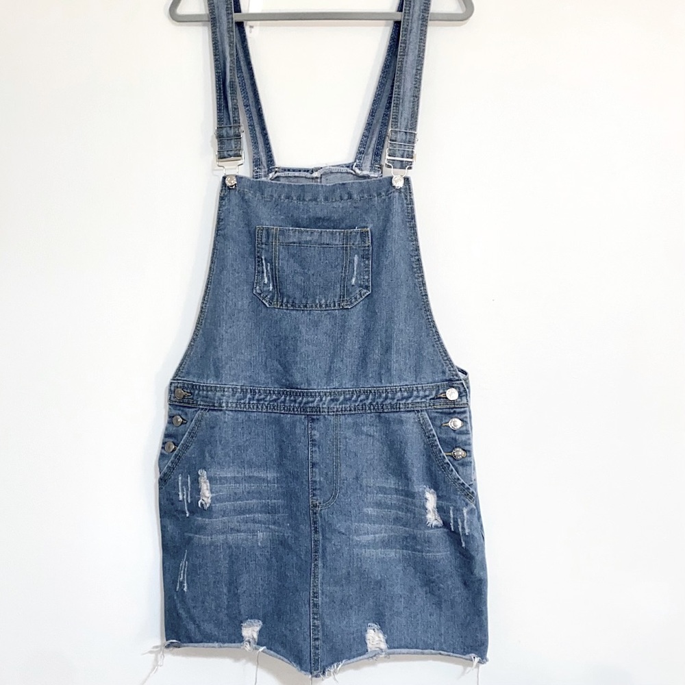 Overall Distressed Denim Dress above knee length